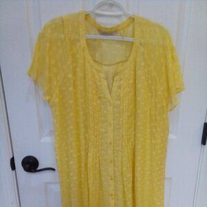 Soft Surroundings blouse, sheer yellow dot, button up, lined. Silk/rayon